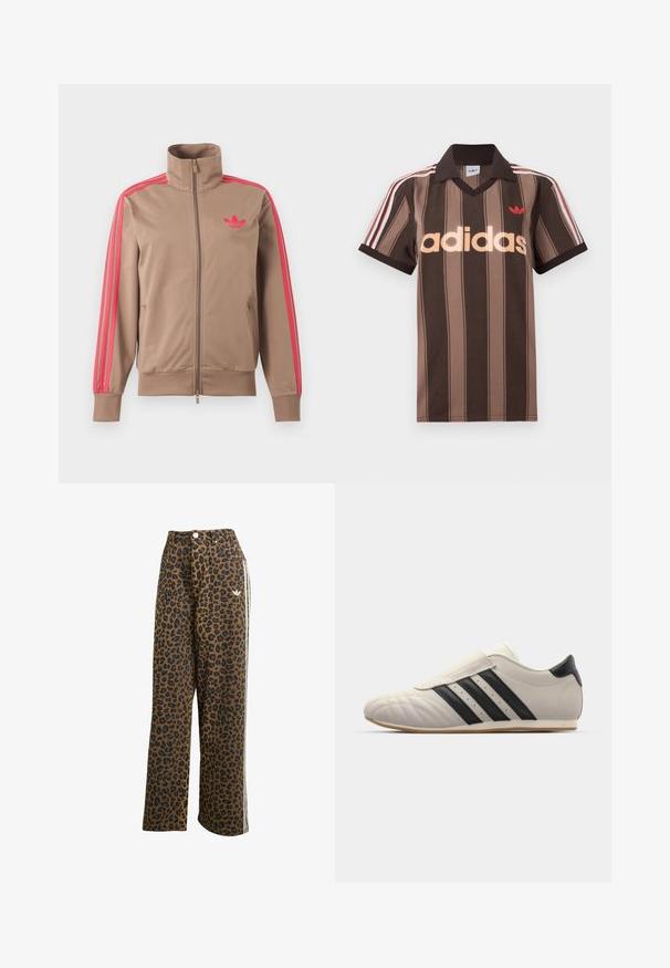 Lysebrun trackjakke med lynlås og høj krave, lyserøde striber ned ad ærmerne og lyserødt Adidas-logo på venstre bryst.; Brunstribet Adidas polo-shirt med V-hals, bordeaux krave og rødt logo. Har hvide og røde skulderstriber samt korte ærmer.; Leopardprint vide bukser i brun med sorte pletter, med høj talje og hvide sideløsninger, lavet af bomuldsstof.; Lys grå sneakers med sorte striber, afrundet tå, glat læderoverdel, Velcro-lukning og gummisål.