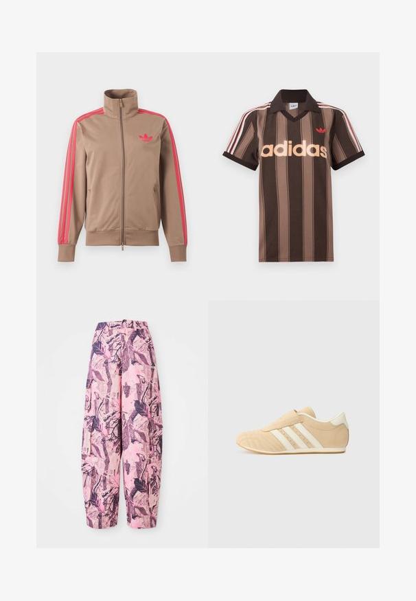 Helepruun lukuga spordijakk kõrge kraega, roosad triibud varrukatel ja roosa Adidas logo vasakul rinnal.; Pruunide triipudega Adidas polotee, V-kaelusega, bordeau krae ja punase logoga. Omad valge ja punase triibuga õlad ning lühikesed varrukad.; Roosa ja lilla mustriga laiad püksid, millel on lehe- ja oksadisain, kõrge talje ning küljetaskud lisafunktsionaalsuse jaoks.; Kohvased ja kreemjad spordijalatsid siledast nahast pealsega, küljel on kolm valget triipu ja ümar varvas. Tekstuurse pealsega, kus on perforatsioonid.