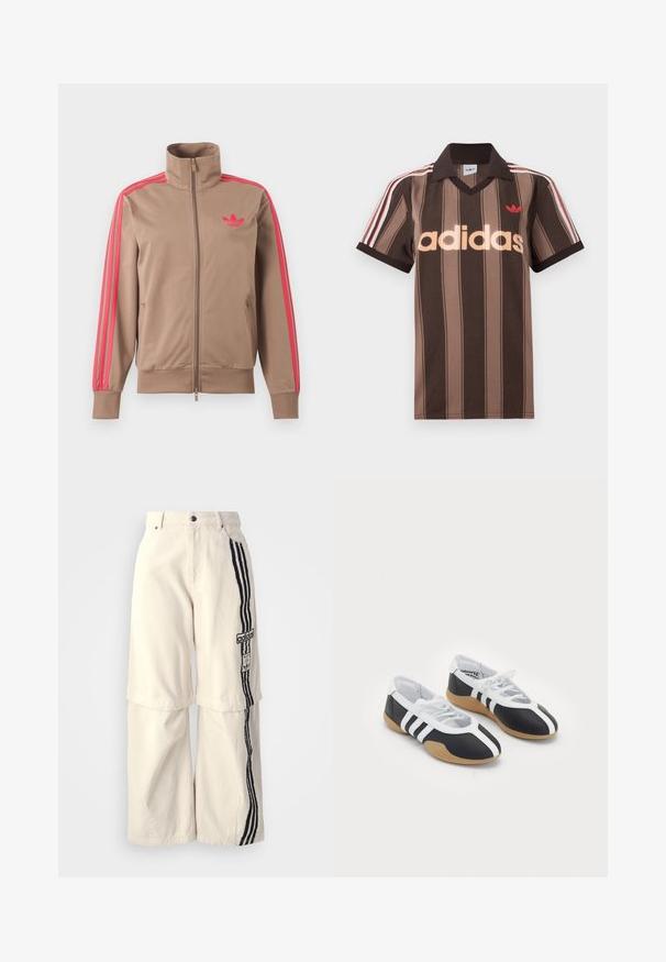 Chaqueta deportiva marrón claro con cremallera y cuello alto, rayas rosas por las mangas y logo rosa de Adidas en el pecho izquierdo.; Polo Adidas marrón con rayas, cuello en V, cuello burdeos y logo rojo. Presenta rayas blancas y rojas en los hombros, mangas cortas.; Pantalones de pierna ancha color beige hechos de algodón, con un diseño de tres franjas negras a lo largo del costado y un parche del logo de Adidas en el muslo.; Zapatillas deportivas en blanco y negro con un diseño elegante, suela de goma, cierre de cordones y tres franjas blancas en los lados.