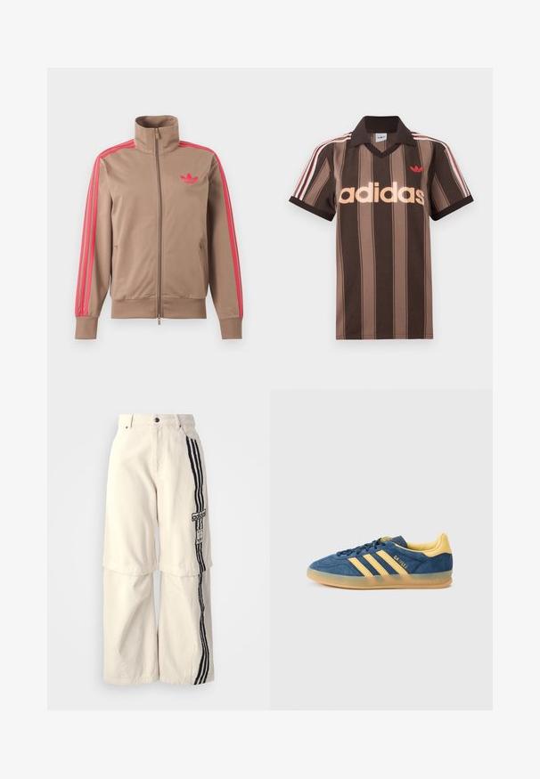Hellbraune Trainingsjacke mit Reißverschluss und hohem Kragen, pinke Streifen an den Ärmeln und pinkes Adidas-Logo auf der linken Brust.; Braunes gestreiftes Adidas-Poloshirt mit V-Ausschnitt, bordeauxrotem Kragen und rotem Logo. Mit weißen und roten Schulterstreifen, kurzen Ärmeln.; Beige weite Baumwollhosen mit einem schwarzen Dreistreifen-Design an der Seite und einem Adidas-Logo-Patch am Oberschenkel.; Blauer Wildleder-Sneaker mit gelben Akzenten, drei gelben Streifen, strukturierter Zunge und durchsichtiger Kaugummi-Außensohle. Markenname "Gazelle" sichtbar.