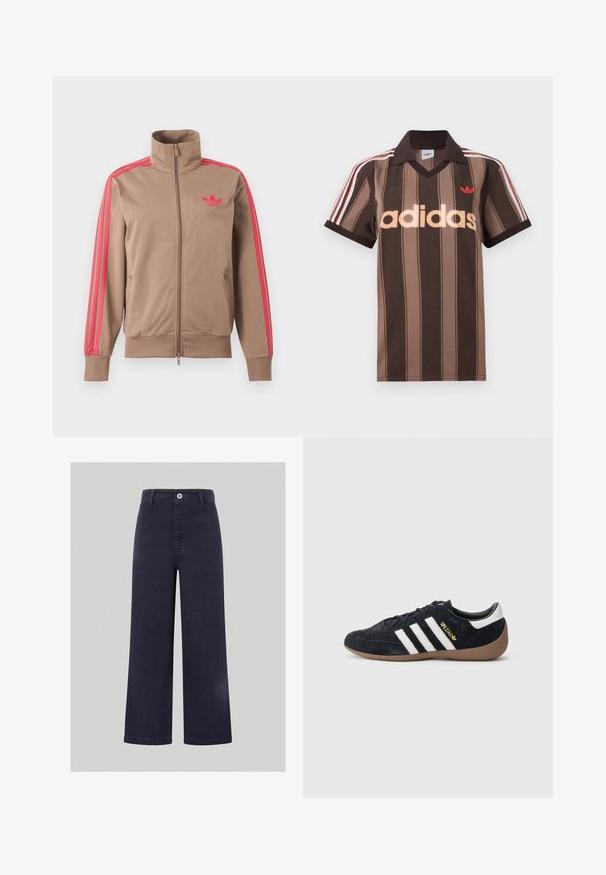 Helepruun lukuga spordijakk kõrge kraega, roosad triibud varrukatel ja roosa Adidas logo vasakul rinnal.; Pruunide triipudega Adidas polotee, V-kaelusega, bordeau krae ja punase logoga. Omad valge ja punase triibuga õlad ning lühikesed varrukad.; Siledest mõõtu tumesinised püksid, mis on valmistatud siledast puuvillasegusest materjalist, eespoolnööbiga kinnitusega ning õmmeldud detailidega vöökoha ja taskute äärtes.; Mustast seemisest vabaajajalats, millel on kolm valget triipu, kummisest tallast ja küljele kinnitatud väike kuldne logo. Siseküljel on sile must vooder.