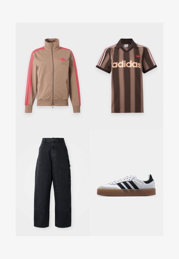 Lysebrun trackjakke med lynlås og høj krave, lyserøde striber ned ad ærmerne og lyserødt Adidas-logo på venstre bryst.; Brunstribet Adidas polo-shirt med V-hals, bordeaux krave og rødt logo. Har hvide og røde skulderstriber samt korte ærmer.; Sorte denim cargo bukser med vidde og høj talje, to store forlommer og knaplukning i taljen. Glat tekstur, casual design.; Hvide lædersneakers med sorte striber, gummirubber sål, rund tå, snørelukning og blød grå ruskinds tåhætte.