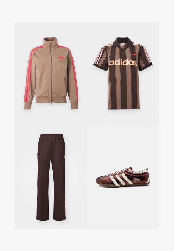Veste de survêtement marron clair zippée avec col montant, bandes roses sur les manches et logo Adidas rose sur le côté gauche de la poitrine.; Polo Adidas rayé marron avec col en V, col bordeaux, et logo rouge. Comprend des rayures blanches et rouges sur les épaules, manches courtes.; Pantalons de sport marron avec une taille élastique, deux poches latérales et un petit logo sur le côté gauche, fabriqués à partir d'un tissu doux.; Baskets Adidas bordeaux métallisé profil bas avec des rayures blanches, des lacets et un marquage « Adidas Tokyo » sur le côté.