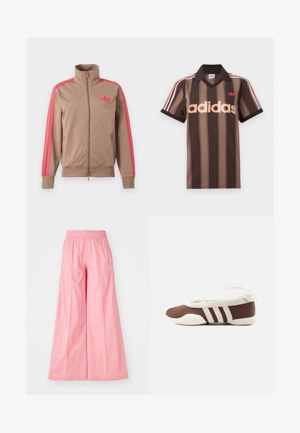 Hellbraune Trainingsjacke mit Reißverschluss und hohem Kragen, pinke Streifen an den Ärmeln und pinkes Adidas-Logo auf der linken Brust.; Braunes gestreiftes Adidas-Poloshirt mit V-Ausschnitt, bordeauxrotem Kragen und rotem Logo. Mit weißen und roten Schulterstreifen, kurzen Ärmeln.; Rosa weit geschnittene Hosen aus einem leichten Stoff, mit einem elastischen Bund und dezenten weißen Seitenstreifen. Kleines Logo auf der Vorderseite.; Brauner und weißer Ballerinaschuh mit drei weißen Streifen und einer Schleife zum Binden am Knöchel auf einem schlichten hellen Hintergrund.