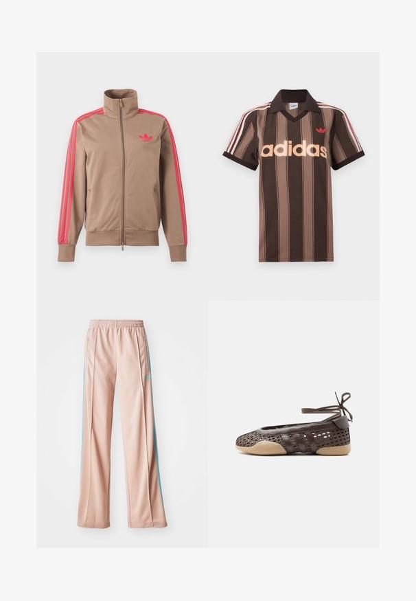 Lysebrun trackjakke med lynlås og høj krave, lyserøde striber ned ad ærmerne og lyserødt Adidas-logo på venstre bryst.; Brunstribet Adidas polo-shirt med V-hals, bordeaux krave og rødt logo. Har hvide og røde skulderstriber samt korte ærmer.; Lyserøde sportspants med afslappet pasform, der har blå sidestriber og en snoretræk i taljen. Fremstillet af glat, letvægtsstof.; Brun vævet flad sko med beige sål og ankelbind, med læderoverdele og åben vævet design på siderne og tåen.