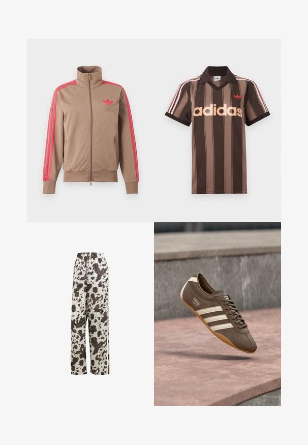 Chaqueta deportiva marrón claro con cremallera y cuello alto, rayas rosas por las mangas y logo rosa de Adidas en el pecho izquierdo.; Polo Adidas marrón con rayas, cuello en V, cuello burdeos y logo rojo. Presenta rayas blancas y rojas en los hombros, mangas cortas.; adidas Originals COW PRINT SATIN WIDE LEG - Pantalones deportivos - multicolor off white; Zapatilla de ante marrón con rayas blancas y marca, con puntera redonda y suela de goma color caramelo, suspendida sobre una superficie texturizada.