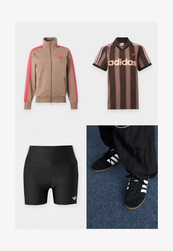 Lichtbruine trackjas met rits en hoge kraag, roze strepen op de mouwen en roze Adidas-logo op de linkerborst.; Bruine gestreepte Adidas polo met V-hals, bordeauxrode kraag en rood logo. Heeft witte en rode schouderstrepen, korte mouwen.; Zwarte atletische shorts van rekbaar materiaal met een hoge taille. Bevatte witte zijstrepen en een klein wit logo aan de zoom.; Zwarte suède sportschoenen met drie witte strepen en zwarte veters. Een gestructureerde zwarte broek is deels zichtbaar naast de schoenen.