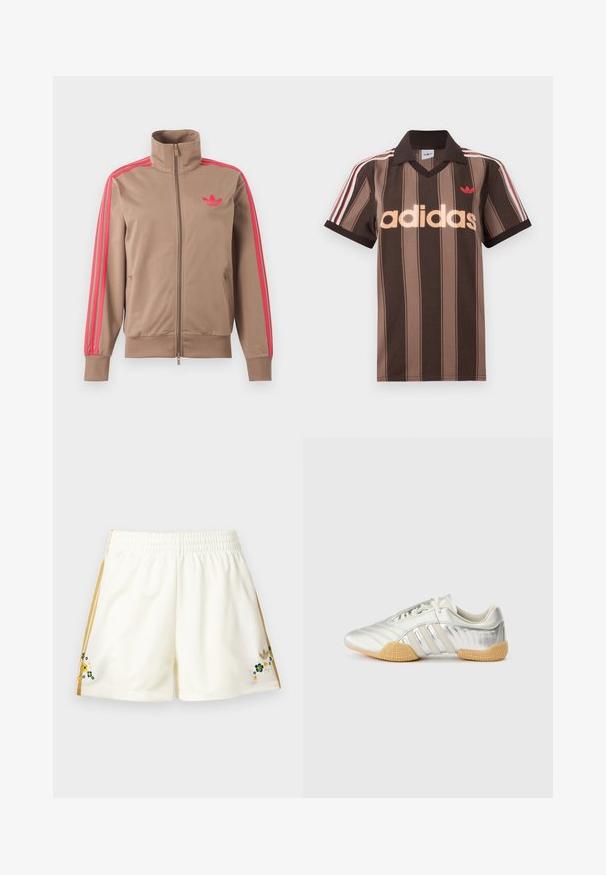 Gaiši brūna sporta jaka ar rāvējslēdzēju un augstu apkakli, rozā svītras uz piedurknēm un rozā Adidas logo kreisajā krūtī.; Brūna svītraina Adidas polo krekls ar V veida izgriezumu, bordo apkakli un sarkanu logotipu. Īsām piedurknēm ir baltas un sarkanas plecu svītras.; Krēmkrāsas sporta šorti ar zelta sānu svītrām un mazām izšūtām zaļām, dzeltenām un baltām puķēm pie apakšmala abās pusēs.; Sudraba krāsas sporta kurpes ar gludu ādas augšu, gumijas zolīti un teksturētām detaļām. Raksturīga izliekta dizaina forma un vienkrāsainas šņorītes.