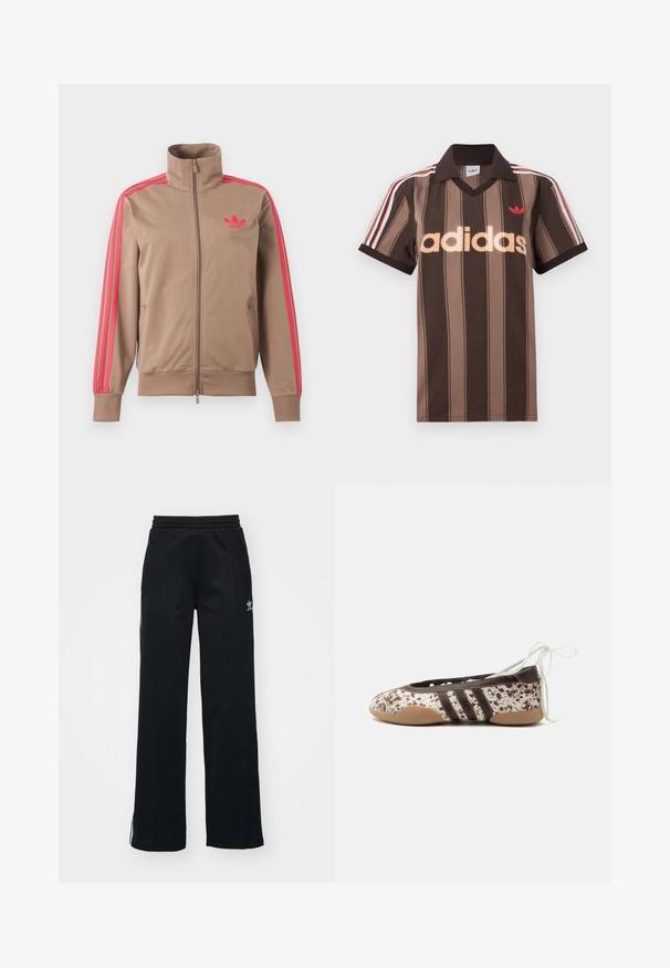 Chaqueta deportiva marrón claro con cremallera y cuello alto, rayas rosas por las mangas y logo rosa de Adidas en el pecho izquierdo.; Polo Adidas marrón con rayas, cuello en V, cuello burdeos y logo rojo. Presenta rayas blancas y rojas en los hombros, mangas cortas.; Pantalones deportivos negros con corte relajado, cintura con cordón, bolsillos laterales con cremallera y sutil marca blanca en la pierna izquierda.; Zapato de ballet plano con patrón moteado marrón y blanco, tres rayas oscuras en el lateral, suela marrón claro y cordones blancos para atar en el tobillo.