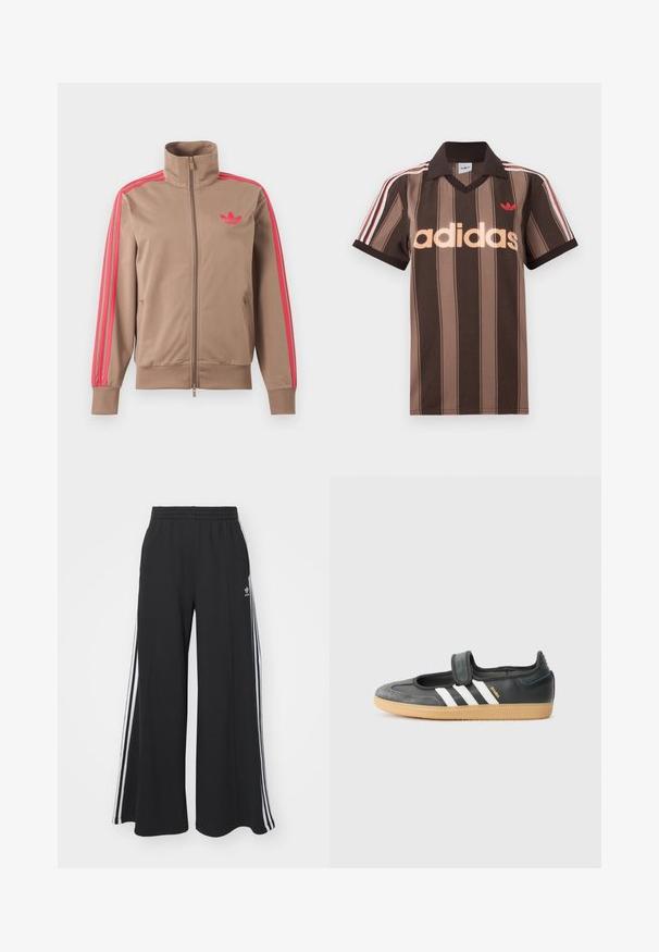 Lysebrun trackjakke med lynlås og høj krave, lyserøde striber ned ad ærmerne og lyserødt Adidas-logo på venstre bryst.; Brunstribet Adidas polo-shirt med V-hals, bordeaux krave og rødt logo. Har hvide og røde skulderstriber samt korte ærmer.; Sorte bukser med vide ben og elastik i taljen, med tre hvide striber langs ydersiderne og et lille logo foran.; Sort læder- og ruskinds sneakers med en Velcro-rem, der har tre hvide striber og en gummisål, mærket "SAMBA" på siden.
