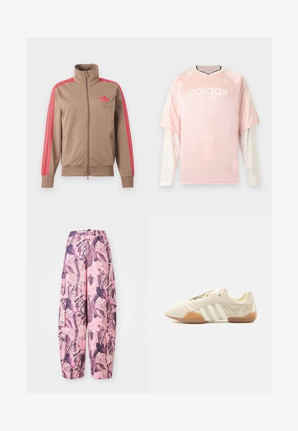 Lysebrun trackjakke med lynlås og høj krave, lyserøde striber ned ad ærmerne og lyserødt Adidas-logo på venstre bryst.; Lyserød Adidas langærmet trøje med hvide mønstrede mesh-ærmer og Adidas-logo på brystet mod en grå baggrund.; Lyserøde og lilla mønstrede vide bukser har et blad- og grenmønster, med høj talje og sidelommer for ekstra funktionalitet.; Lavprofileret beige sneaker med tre hvide striber, teksturerede ruskindssidepaneler, gummisål og snørelukning på ensfarvet baggrund.