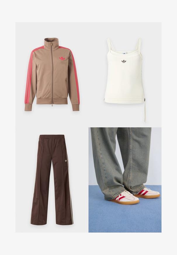 Chaqueta deportiva marrón claro con cremallera y cuello alto, rayas rosas por las mangas y logo rosa de Adidas en el pecho izquierdo.; Camiseta sin mangas color crema con tirantes finos; logotipo de Adidas en negro en el pecho. Tela suave con detalle de cordón en el dobladillo. Diseño sencillo.; Pantalones deportivos marrones con diseño de pierna ancha, franjas laterales blancas, cintura elástica y dos bolsillos laterales. Presentan un pequeño logo en la pierna.; Zapatillas blancas con rayas rojas, parte superior de lona texturizada, puntera redonda, suela plana de goma, combinadas con pantalones vaqueros azul claro y holgados.