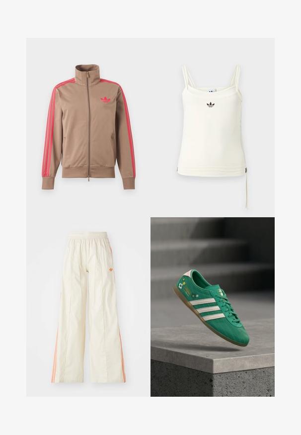 Svetlohnedá športová bunda na zips s vysokým golierom, ružové pruhy na rukávoch a ružové logo Adidas na ľavej strane hrude.; Krémové tielko s tenkými ramienkami; čierne logo Adidas na prsiach. Hladká látka s detailom sťahovacieho šnúrky na leme. Jednoduchý dizajn.; Krémové široké nohavice s elastickým pásom, s oranžovými bočnými pruhmi a malým oranžovým logom na prednej strane.; Zelená teniska s bielymi tromi pruhmi, kvetinovými doplnkami, textúrovaným vrškom a ružovým pätovým úchytom. Gumená podrážka pre lepšiu trakciu.