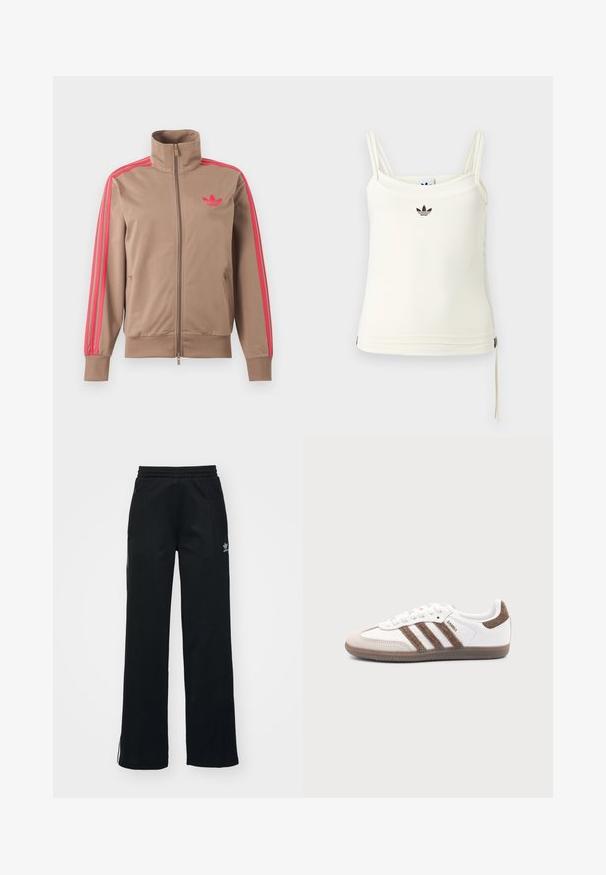 Helepruun lukuga spordijakk kõrge kraega, roosad triibud varrukatel ja roosa Adidas logo vasakul rinnal.; Kreemikas sangadega top, seljal õhukesed rihmad; Adidas'i logo mustana rinnal. Sile kangas, alumises servas nöördetail. Lihtne disain.; Mustad mustat spordipüksid, vabalt istuv, paelaga talje, külgedel lukuga taskud ja vasakul jalal diskreetne valge brändimine.; Valge Adidas Samba toss pruunide seemisnahast triipude, pruuni kummist tallaga ja beežika seemisnahast varbakattaga, kujutatud välisküljelt ühevärvilise tausta peal.