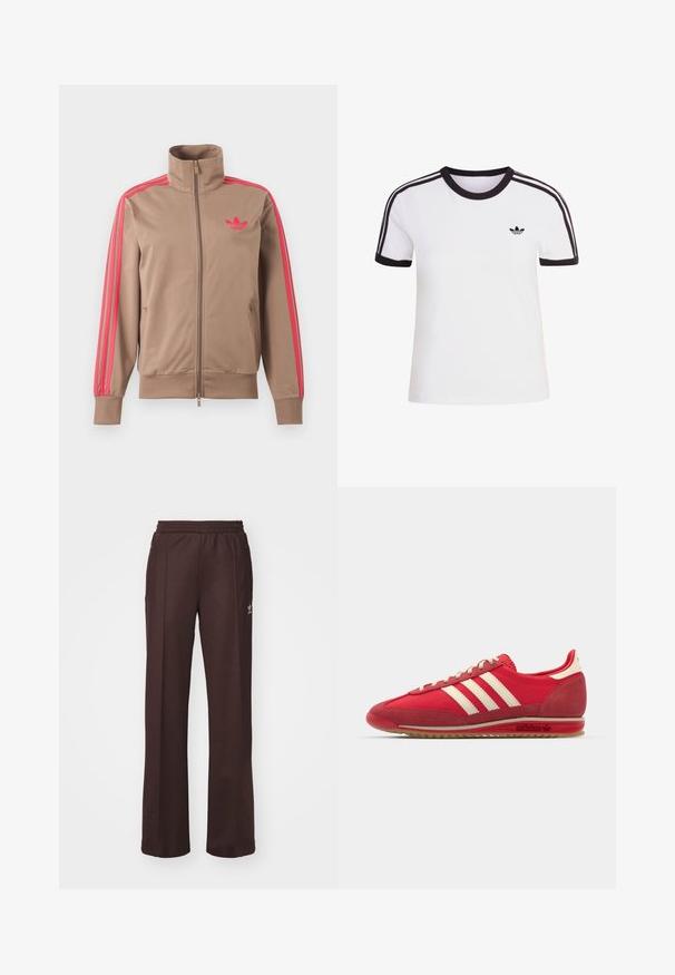 Helepruun lukuga spordijakk kõrge kraega, roosad triibud varrukatel ja roosa Adidas logo vasakul rinnal.; Valge lühikeste varrukatega T-särk mustade detailidega, ümmarguse kaelusega ja kolme musta triibuga kummalgi õlal. Väike must logo rinnal.; Kohvilised spordipüksid elastse vöökohtaga, kahe külgmise taskuga ja väikese logoga vasakul küljel, valmistatud pehmest kangast.; Punane sportlikki king, millel on tekstuuriga ülemine osa, kolm valget triipu, ümmargune varvas ja kummist tallaga, millel on logo detailid küljel.