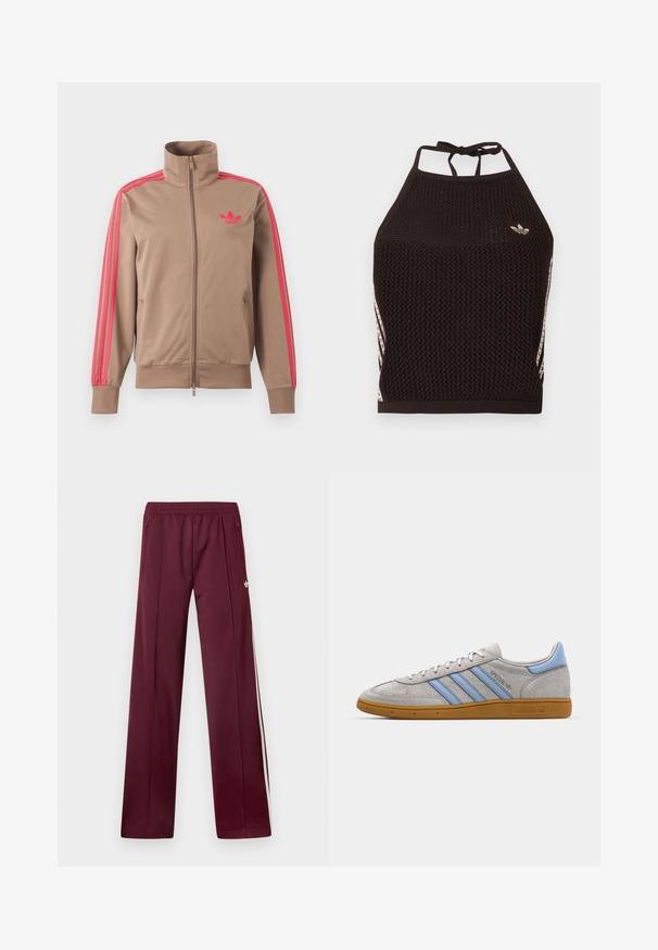 Hellbraune Trainingsjacke mit Reißverschluss und hohem Kragen, pinke Streifen an den Ärmeln und pinkes Adidas-Logo auf der linken Brust.; Schwarzes Netz-Halfter-Cropped-Top mit strukturiertem Design. Mit pinkfarbenen Akzentstreifen und kleinem Logo vorne. Mit Rückenknotenverschluss.; Bordeauxrote Trainingshose mit elastischem Bund, seitlichen Reißverschlusstaschen, weißen Seitenstreifen und kleinem weißem Adidas-Logo am rechten Oberschenkel.; Grau Wildleder Sneaker mit hellblauen Streifen, gummiertem Sohlenmaterial und Logo-Akzenten. Niedriges Design mit runder Zehenform und Schnürverschluss.