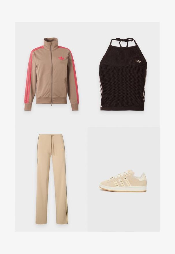 Hellbraune Trainingsjacke mit Reißverschluss und hohem Kragen, pinke Streifen an den Ärmeln und pinkes Adidas-Logo auf der linken Brust.; Schwarzes Netz-Halfter-Cropped-Top mit strukturiertem Design. Mit pinkfarbenen Akzentstreifen und kleinem Logo vorne. Mit Rückenknotenverschluss.; Beige Jogginghose mit schwarzen Seitenstreifen und gelben Akzenten. Verfügt über einen verstellbaren Kordelzug an der Taille und ein dezentes Logo oben links.; adidas Originals CAMPUS 00S W - Sneaker low - sand strata/cream white/gold-coloured