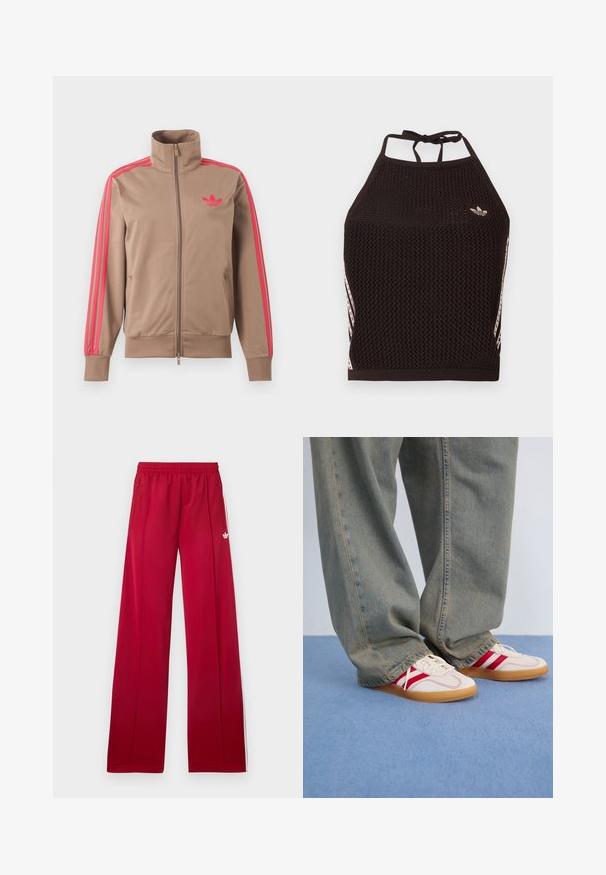 Svetlohnedá športová bunda na zips s vysokým golierom, ružové pruhy na rukávoch a ružové logo Adidas na ľavej strane hrude.; Čierny sieťovaný crop top so štruktúrovaným dizajnom. Má ružové akcentové pruhy a malú logo na prednej strane. Zaviazanie na chrbte.; Červené široké teplákové nohavice s elastickým pásom, bočnými zipsovými vreckami, bielymi pruhmi po stranách a malým bielym logom na ľavom stehne.; Biele tenisky s červenými pruhmi, textúrovaný plátený zvršok, zaoblená špička, plochá gumená podrážka, skombinované s voľnými, vyblednutými modrými džínsami.
