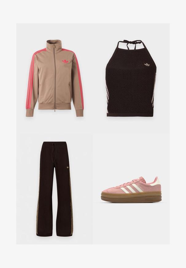 Lysebrun trackjakke med lynlås og høj krave, lyserøde striber ned ad ærmerne og lyserødt Adidas-logo på venstre bryst.; Sort mesh halter crop top med tekstureret design. Har pink accentstriber og en lille logo foran. Lukning med bånd bagpå.; Sorte strikkede bukser med vide ben, beige sidelister, elastisk talje, snøre og lille logo på venstre lår.; adidas Originals GAZELLE BOLD - Sneakers - mauve/off white