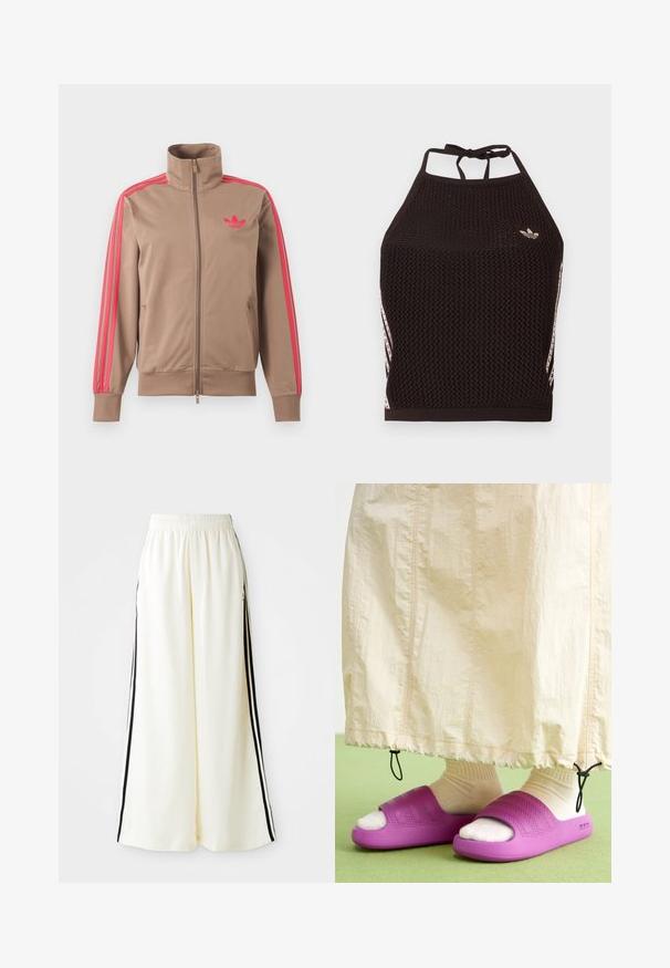 Hellbraune Trainingsjacke mit Reißverschluss und hohem Kragen, pinke Streifen an den Ärmeln und pinkes Adidas-Logo auf der linken Brust.; Schwarzes Netz-Halfter-Cropped-Top mit strukturiertem Design. Mit pinkfarbenen Akzentstreifen und kleinem Logo vorne. Mit Rückenknotenverschluss.; Weiße weite Hosen mit elastischem Bund und schwarzen vertikalen Streifen an den äußeren Nähten.; Lila Gummischlappen mit einem strukturierten Bandsdesign, getragen über cremefarbigen Socken, kombiniert mit einem hellbeigen Rock. Grüner Boden.