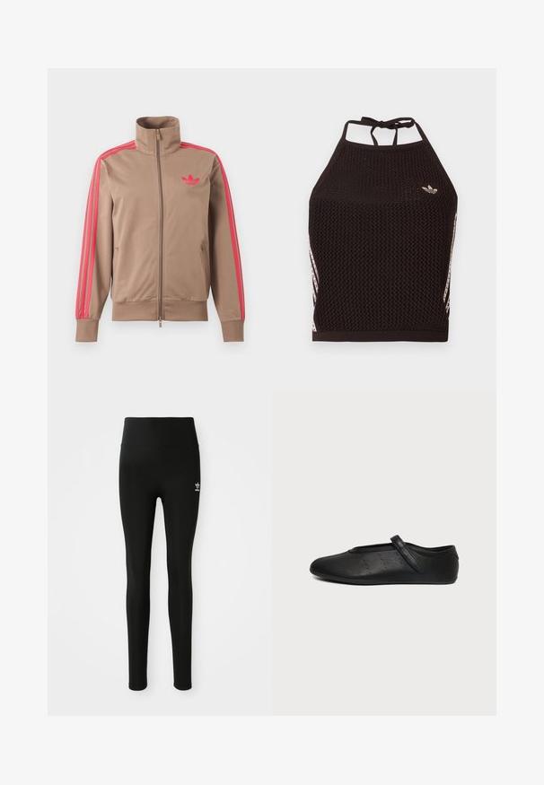 Helepruun lukuga spordijakk kõrge kraega, roosad triibud varrukatel ja roosa Adidas logo vasakul rinnal.; Mustast võrgust kaelusega top tekstuurse mustriga. Esiküljel on roosad aksendtriibud ja väike logo. Seljal lipsuga kinnis.; Mustemad elastsed retuusid kõrge vöökoha ja väikese valge Adidas logo'ga vasakul jalal. Sile tekstuur.; Mustad Mary Jane lamed kingad ühe rihmaga ja väikeste aukudega külgedel, näidatud välisküljelt.