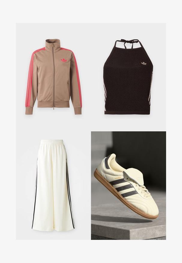 Lichtbruine trackjas met rits en hoge kraag, roze strepen op de mouwen en roze Adidas-logo op de linkerborst.; Zwarte mesh halter crop top met een textuurpatroon. Voorzien van roze accentstrepen en een klein logo aan de voorkant. Sluiting met strik aan de achterkant.; Witte wijde broek met elastische tailleband en zwarte verticale strepen langs de buitennaad.; Crème leren sneaker met drie donkere strepen, een bruine gumrubberen zool en een ronde neus. Voorzien van een opvouwbare tong met het label "SAMBA."