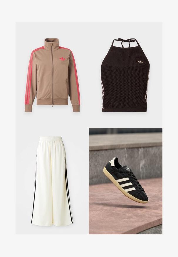 Lysebrun trackjakke med lynlås og høj krave, lyserøde striber ned ad ærmerne og lyserødt Adidas-logo på venstre bryst.; Sort mesh halter crop top med tekstureret design. Har pink accentstriber og en lille logo foran. Lukning med bånd bagpå.; Hvide løse bukser med elastisk talje og sorte lodrette striber langs yderseams.; Sort Adidas sneaker med hvide striber og beige sål, fanget i luften over en stenet overflade og baggrund af en stenmur.