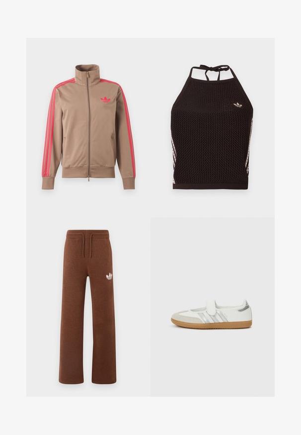Hellbraune Trainingsjacke mit Reißverschluss und hohem Kragen, pinke Streifen an den Ärmeln und pinkes Adidas-Logo auf der linken Brust.; Schwarzes Netz-Halfter-Cropped-Top mit strukturiertem Design. Mit pinkfarbenen Akzentstreifen und kleinem Logo vorne. Mit Rückenknotenverschluss.; Braune Sweatpants aus weichem Stoff mit lockerem Schnitt, ausgestattet mit einem elastischen Bund, einem Kordelzug und einem weißen Logo am linken Oberschenkel.; Weißer Sneaker mit silbernen Streifen, Wildlederzehenkappe und Klettverschluss. Texturierte Gummisohle in Karamellfarbe. Minimalistisches Design mit glatter Oberfläche.