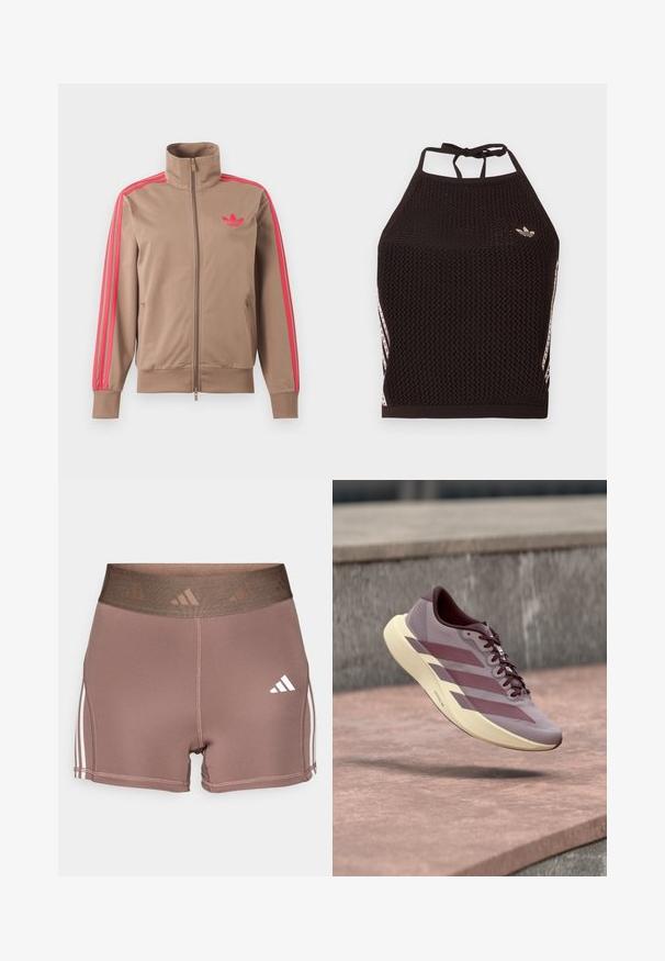 Lysebrun trackjakke med lynlås og høj krave, lyserøde striber ned ad ærmerne og lyserødt Adidas-logo på venstre bryst.; Sort mesh halter crop top med tekstureret design. Har pink accentstriber og en lille logo foran. Lukning med bånd bagpå.; Brune træningsshorts med en bred, tekstureret talje. Har hvide tre-stribede accenter langs siderne og et lille hvidt logo.; Letvægts løbesko i lilla og beige med tre striber, fanget i luften over en stens overflade og en betonbaggrund.
