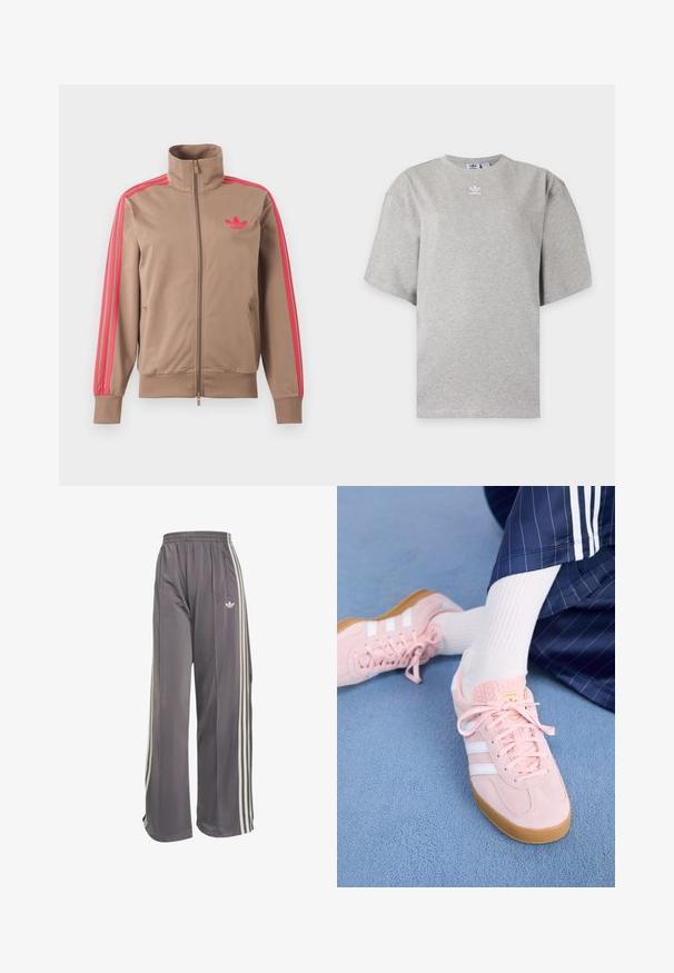 Svetlohnedá športová bunda na zips s vysokým golierom, ružové pruhy na rukávoch a ružové logo Adidas na ľavej strane hrude.; Svetlosivé tričko Adidas s krátkym rukávom, okrúhlym výstrihom a malým bielym logom Adidas na hrudi, zobrazené na jednoduchom pozadí.; Sivé široké teplákové nohavice s elastickým pásom, bielymi bočnými pruhmi, vreckom na zips a logom Adidas na pravej stehne.; Svetloružové semišové tenisky s bielymi pruhmi a šnúrkami, s textúrovaným jazykom a gumenou podrážkou, umiestnené na modrom koberci.