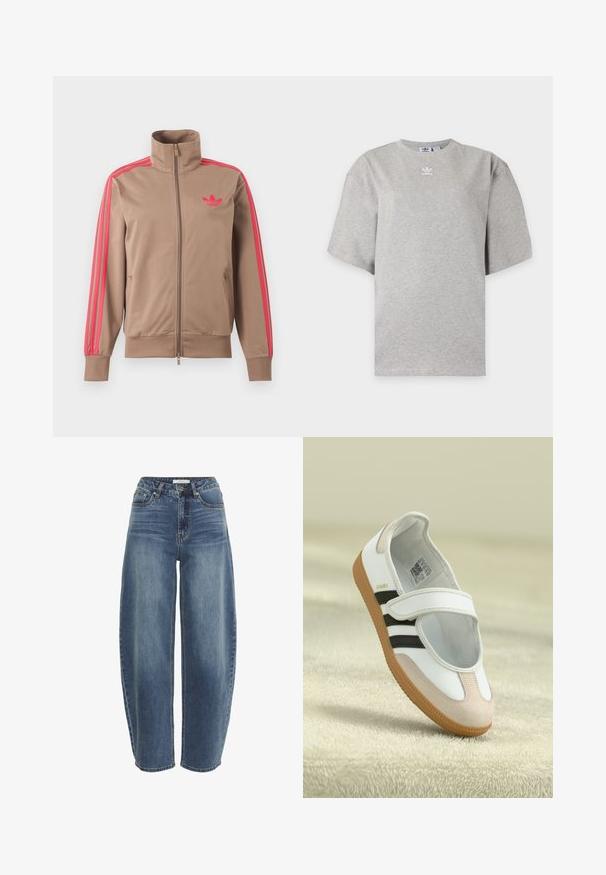 Svetlohnedá športová bunda na zips s vysokým golierom, ružové pruhy na rukávoch a ružové logo Adidas na ľavej strane hrude.; Svetlosivé tričko Adidas s krátkym rukávom, okrúhlym výstrihom a malým bielym logom Adidas na hrudi, zobrazené na jednoduchom pozadí.; Vysoké, voľné modré džínsy vyrobené z denimu, s gombíkovým zapínaním, piatimi vreckami a jemným vyblednutím na látke.; Biele topánky s ružovým semišovým špičkou, čiernymi pruhmi a suchým zipsom. Majú hnedú gumovú podrážku a logo po boku.