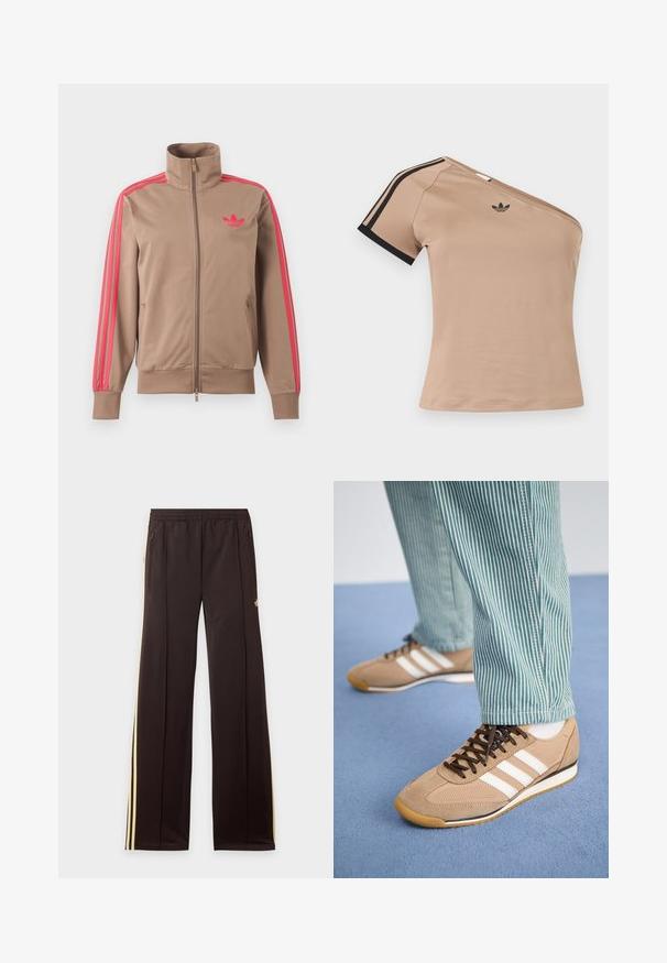 Svetlohnedá športová bunda na zips s vysokým golierom, ružové pruhy na rukávoch a ružové logo Adidas na ľavej strane hrude.; Béžový športový top s jedným ramenom, čiernymi pruhmi na krátkom rukáve a malým čiernym logom Adidas na hrudi.; Čierne tepláky so žltými bočnými pruhmi, elastickým pásom, bočnými vreckami na zips a malým logom na hornej časti stehna.; Svetlé semišové a sieťovinové tenisky s hnedými šnúrkami a tromi bielymi pruhmi. V kombinácii so zelenými a bielymi pruhovanými nohavicami, položené na modrom povrchu.