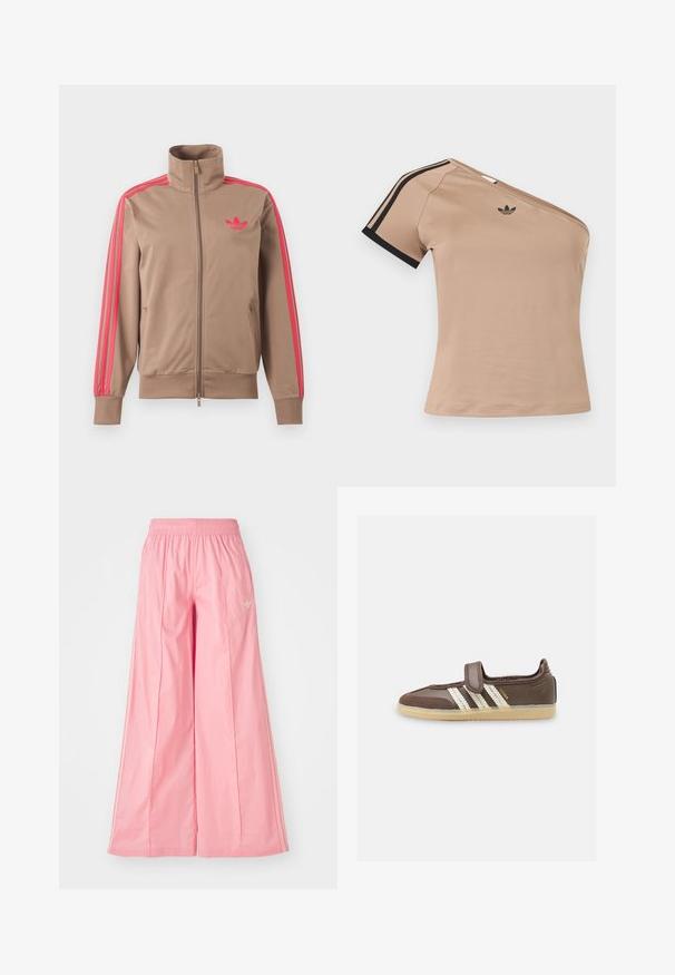 Lysebrun trackjakke med lynlås og høj krave, lyserøde striber ned ad ærmerne og lyserødt Adidas-logo på venstre bryst.; Beige én-skulder sportstop med sorte striber på kort ærme og lille sort Adidas-logo på brystet.; Lyserøde brede bukser lavet af let materiale, med elastisk talje og diskrete hvide side striber. Lille logo på fronten.; Brun sneakers med cremefarvede Adidas-striber, velcro-rem og gummisål, set fra siden på hvid baggrund.