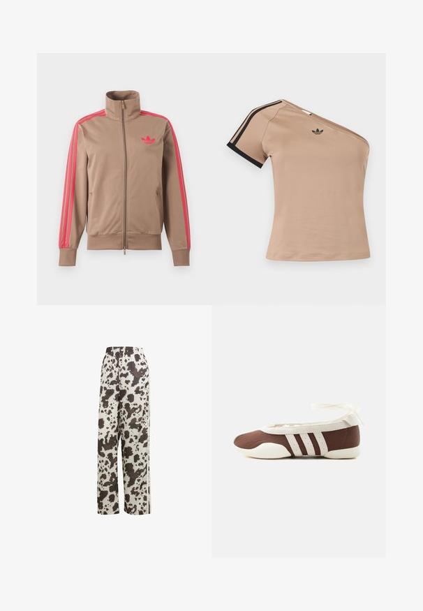 Chaqueta deportiva marrón claro con cremallera y cuello alto, rayas rosas por las mangas y logo rosa de Adidas en el pecho izquierdo.; Top deportivo beige de un solo hombro con rayas negras en la manga corta y pequeño logo negro de Adidas en el pecho.; adidas Originals COW PRINT SATIN WIDE LEG - Pantalones deportivos - multicolor off white; Zapato plano de ballet marrón y blanco con tres franjas blancas y lazo para atar en el tobillo sobre un fondo claro y sencillo.