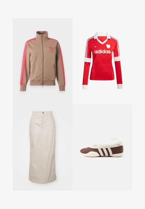 Svetlohnedá športová bunda na zips s vysokým golierom, ružové pruhy na rukávoch a ružové logo Adidas na ľavej strane hrude.; Červený futbalový dres s dlhým rukávom a bielym golierom a manžetami. Na ramenách sú tri biele pruhy a výrazne zobrazené logo "adidas".; Béžová sukňa s pruhmi a vysokým pásom, skrytý zips a kovové zapínanie na gombík. Obsahuje malú značkovú etiketu na prednej strane.; Hnedá a biela baletná balerína s tromi bielymi pruhmi a mašľou na zviazanie okolo členku na jednoduchom svetlom pozadí.