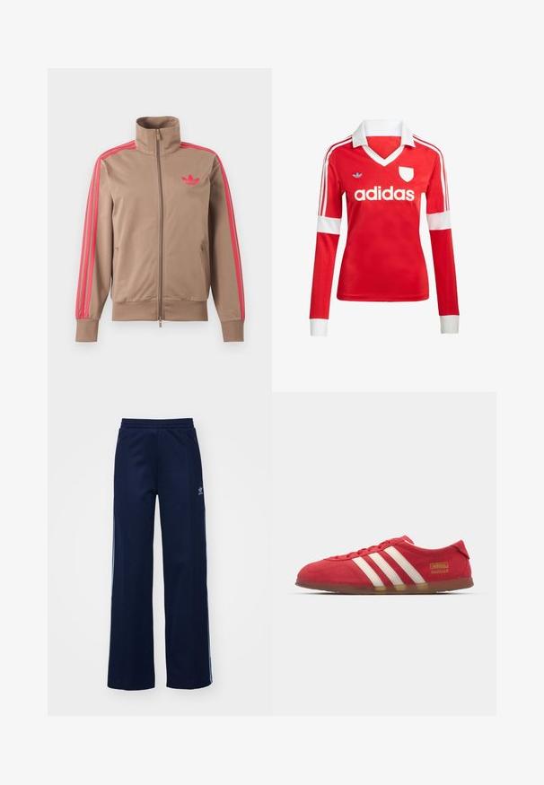 Svetlohnedá športová bunda na zips s vysokým golierom, ružové pruhy na rukávoch a ružové logo Adidas na ľavej strane hrude.; Červený futbalový dres s dlhým rukávom a bielym golierom a manžetami. Na ramenách sú tri biele pruhy a výrazne zobrazené logo "adidas".; Námornícke nohavice z bavlneného zmesi s širokým strihom, elastickým pásom a zipsovými vreckami, s bielymi bočnými pruhmi a detailom loga.; Červené semišové tenisky s bielym trojpruhovým dizajnom, plochou podrážkou a zlatým logom. Nízky strih s okrúlou špičkou a šnurovaním.