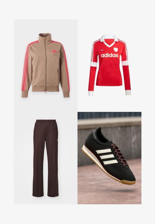 Lysebrun trackjakke med lynlås og høj krave, lyserøde striber ned ad ærmerne og lyserødt Adidas-logo på venstre bryst.; Rød langærmet fodboldtrøje med hvid krave og manchetter. Har tre hvide striber på skuldrene og "adidas" logoet fremtrædende vist.; Brune træningsbukser med elastisk talje, to sidelommer og et lille logo på venstre side, lavet af et blødt stof.; Sort sportsko med en tekstureret overdel, tre hvide striber, brune snørebånd og en gummisål. Moderne design med en lavprofil silhuet.