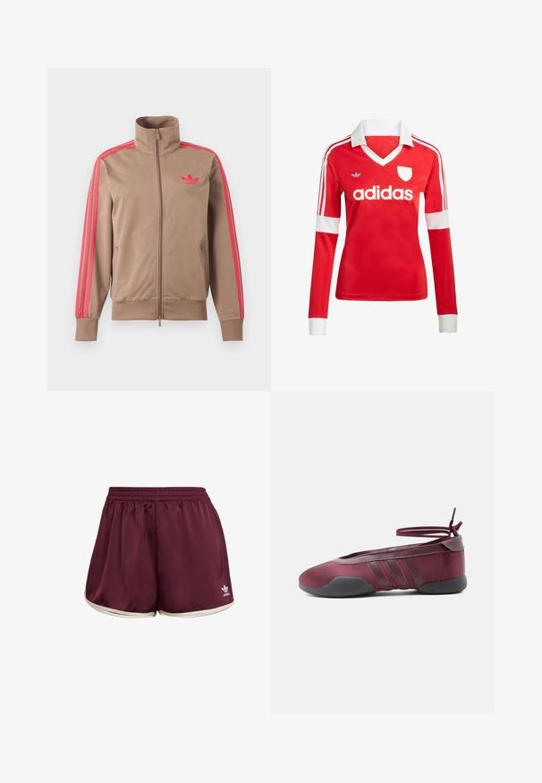Hellbraune Trainingsjacke mit Reißverschluss und hohem Kragen, pinke Streifen an den Ärmeln und pinkes Adidas-Logo auf der linken Brust.; Rotes Fußballtrikot mit langen Ärmeln, weißem Kragen und weißen Ärmelbündchen. Es hat drei weiße Streifen auf den Schultern und das "adidas"-Logo ist auffällig platziert.; adidas Originals SPRINTER - Shorts - maroon cream white; Bordeauxrote Ballerina mit schwarzer Sohle, elastischen Knöchelriemen, die zu einer Schleife gebunden sind, und gesteppten Details an den Seiten, von der Außenseite gezeigt.