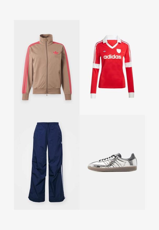 Svetlohnedá športová bunda na zips s vysokým golierom, ružové pruhy na rukávoch a ružové logo Adidas na ľavej strane hrude.; Červený futbalový dres s dlhým rukávom a bielym golierom a manžetami. Na ramenách sú tri biele pruhy a výrazne zobrazené logo "adidas".; Tmavomodré, ľahké nohavice s elastickým pásom a sťahovacou šnúrkou, so svetlými bočnými pásmi a malým logom na prednej strane. Strih voľného strihu.; Nízka teniska s reflexnou striebornou vrchnou časťou, čiernymi šnúrkami a pätou a béžovou gumovou podrážkou na jednoduchom svetlom pozadí.