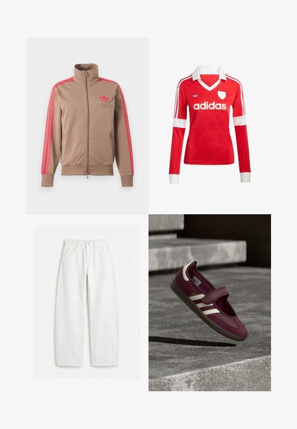 Veste de survêtement marron clair zippée avec col montant, bandes roses sur les manches et logo Adidas rose sur le côté gauche de la poitrine.; Maillot de football à manches longues rouge avec un col et des poignets blancs. Présente trois rayures blanches sur les épaules et le logo "adidas" affiché en évidence.; Jean blanc à jambes droites avec poches avant, passants pour ceinture, fermeture par bouton et détails de coutures visibles.; Chaussure de sport bordeaux avec une bride, des bandes blanches sur les côtés, une semelle en caoutchouc texturée et une tige en matériau lisse. Ajustement réglable avec intérieur rembourré.
