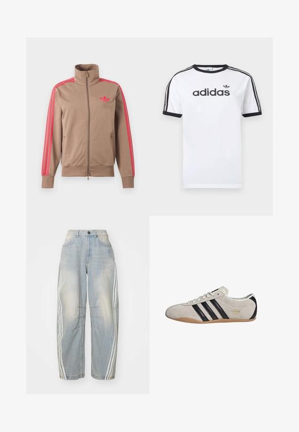 Lysebrun trackjakke med lynlås og høj krave, lyserøde striber ned ad ærmerne og lyserødt Adidas-logo på venstre bryst.; Hvid bomulds-T-shirt med sorte detaljer, har rundt halsudskæring, korte ærmer, tre sorte striber på skuldrene og adidas-logo i sort.; Lyseblå denimjeans med løs pasform, der har hvide striber ned langs siderne, slidte detaljer og knaplukning i taljen.; Suedesneakers med en grå overdel, sorte striber og en gummisål. Har snørelukning og en guldfarvet logo-detalje på siden.