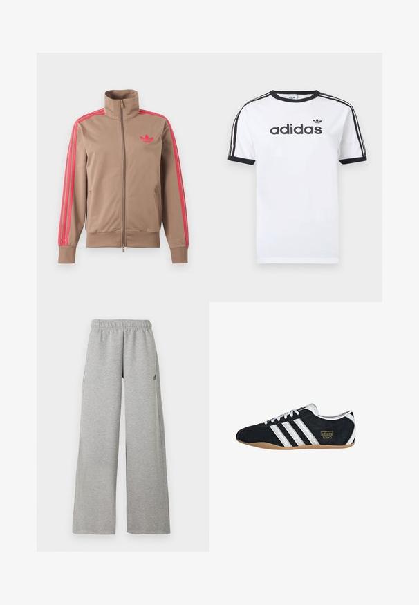 Chaqueta deportiva marrón claro con cremallera y cuello alto, rayas rosas por las mangas y logo rosa de Adidas en el pecho izquierdo.; Camiseta blanca de algodón con detalles en negro, presenta un cuello redondo, mangas cortas, tres rayas negras en los hombros y el logo "adidas" en negro.; Pantalones deportivos de pierna ancha gris claro con cinturilla elástica y pequeño logo negro de Adidas en el muslo derecho.; Zapatillas de ante negro con tres franjas blancas, logotipo dorado y suela de goma marrón. Presentan un diseño de cordones de perfil bajo.