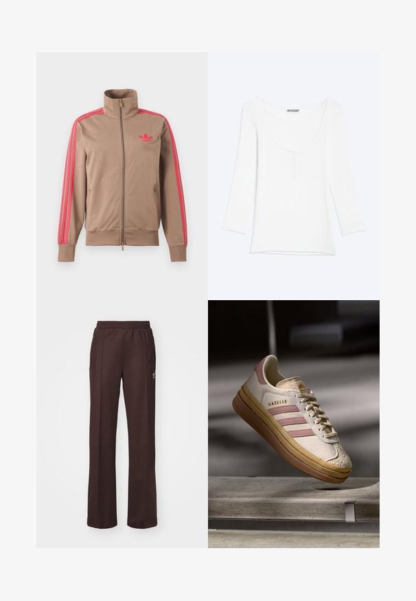 Lichtbruine trackjas met rits en hoge kraag, roze strepen op de mouwen en roze Adidas-logo op de linkerborst.; Wit shirt met lange mouwen, een ronde hals en een korte knoopsluiting op de borst, weergegeven tegen een effen lichte achtergrond.; Bruine sportieve broek met een elastische tailleband, twee zijzakken en een klein logo aan de linkerzijde, gemaakt van een zachte stof.; Witte suède sneakers met roze accenten, voorzien van drie strepen en een gouden logo. Textuur in de neuskap en een bruine rubberen zool. Klassiek ontwerp.