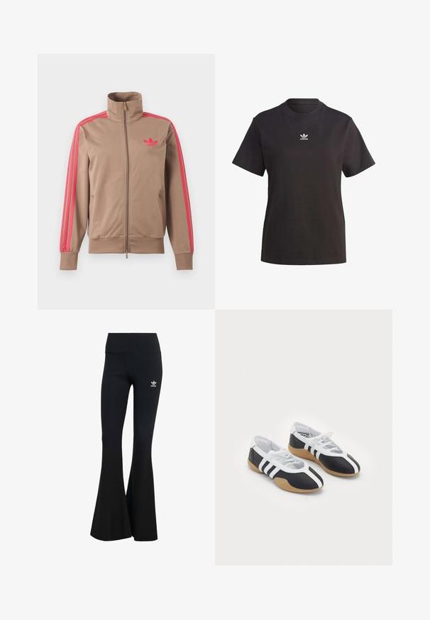 Svetlohnedá športová bunda na zips s vysokým golierom, ružové pruhy na rukávoch a ružové logo Adidas na ľavej strane hrude.; adidas Originals REGULAR FIT - Základné tričko - black; Čierne rebrované legíny s rozšírenými nohavicami a širokým pásom, s malým bielym logom Adidas na hornej ľavej strane. Mäkkučký textilný materiál.; Čierne a biele športové topánky s elegantným dizajnom, gumovou podrážkou, šnurovaním a tromi bielymi prúžkami na bokoch.