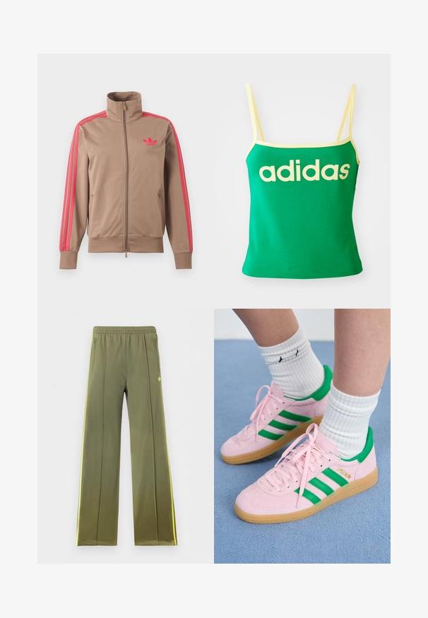 Chaqueta deportiva marrón claro con cremallera y cuello alto, rayas rosas por las mangas y logo rosa de Adidas en el pecho izquierdo.; Top verde con detalles amarillos, hecho de material elástico. Presenta un gran logo de "adidas" amarillo en el frente y tirantes delgados.; Pantalones deportivos verde oliva con cintura elástica, bolsillos laterales, franjas laterales amarillas y pequeño logo trébol en la parte delantera.; Zapatillas de ante rosa con rayas y acentos verdes, que cuentan con una suela de goma. Usadas con calcetines blancos de canalé. La vista en primer plano enfatiza los detalles.