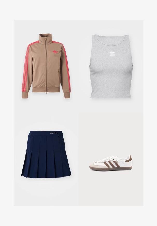 Svetlohnedá športová bunda na zips s vysokým golierom, ružové pruhy na rukávoch a ružové logo Adidas na ľavej strane hrude.; Šedý, bezrukávový crop top vyrobený z jemnej látky, s okrúhlym výstrihom a malým bielym logom Adidas na hrudi.; Námornícky skládací sukňa vyrobená z ľahkého materiálu; má elastický pás a malú zipsovú kapsu, s bielym logom Adidas vpredu.; Biele tenisky Adidas Samba s hnedými semišovými pruhmi, hnedou gumovou podrážkou a béžovým semišovým špicom, zobrazené z vonkajšej strany na jednofarebnom pozadí.