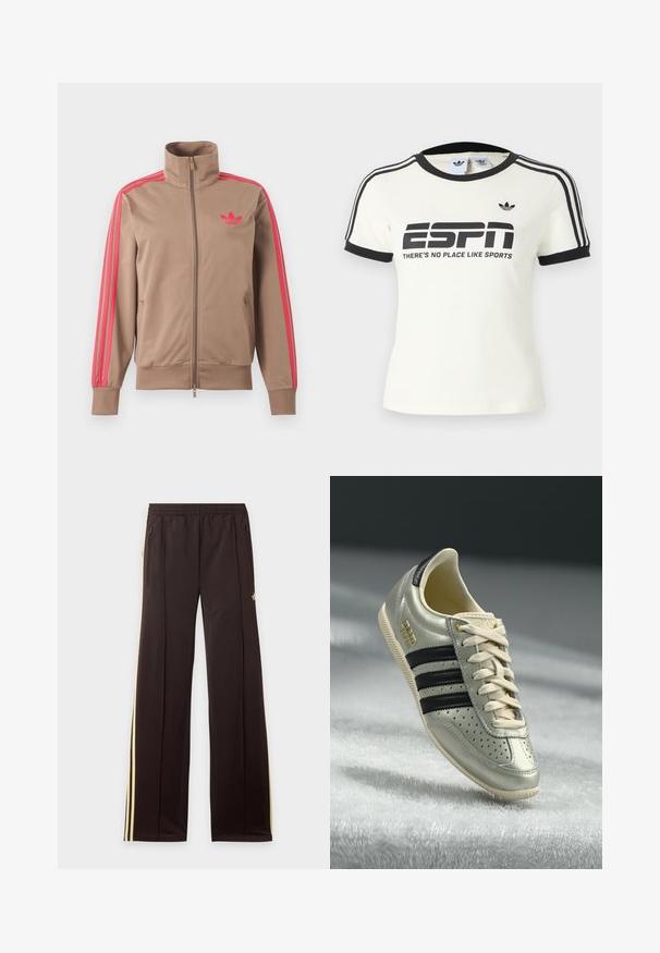 Svetlohnedá športová bunda na zips s vysokým golierom, ružové pruhy na rukávoch a ružové logo Adidas na ľavej strane hrude.; Biele tričko s krátkym rukávom s čiernymi prvkami, s nápisom "ESPN" a sloganom "THERE'S NO PLACE LIKE SPORTS", a tromi čiernymi pruhmi na ramenách.; Čierne tepláky so žltými bočnými pruhmi, elastickým pásom, bočnými vreckami na zips a malým logom na hornej časti stehna.; Svetlo šedé kožené tenisky s čiernymi pruhmi, perforovanými detailmi, béžovými šnúrkami a zlatou nášivkou. Textúrovaná gumová podrážka.
