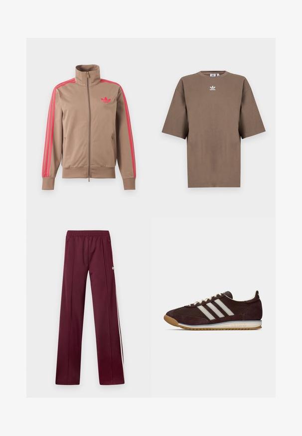 Hellbraune Trainingsjacke mit Reißverschluss und hohem Kragen, pinke Streifen an den Ärmeln und pinkes Adidas-Logo auf der linken Brust.; Braunes Baumwoll-T-Shirt mit kurzen Ärmeln, Rundhals und weißem Adidas-Logo, das zentral auf der Brust platziert ist. Das Design ist schlicht und der Schnitt ist locker.; Bordeauxrote Trainingshose mit elastischem Bund, seitlichen Reißverschlusstaschen, weißen Seitenstreifen und kleinem weißem Adidas-Logo am rechten Oberschenkel.; Niedrig profilierter dunkelburgunderfarbener Adidas Sneaker mit weißen Streifen, cremfarbenen Schnürsenkeln und Gummisohle, seitliche Ansicht vor einfarbigem Hintergrund.