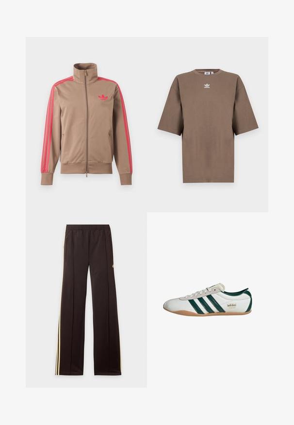 Svetlohnedá športová bunda na zips s vysokým golierom, ružové pruhy na rukávoch a ružové logo Adidas na ľavej strane hrude.; Hnedé bavlnené tričko s krátkymi rukávmi, okrúhlym výstrihom a bielym logom Adidas umiestneným na hrudi, s jednoduchým dizajnom a voľným strihom.; Čierne tepláky so žltými bočnými pruhmi, elastickým pásom, bočnými vreckami na zips a malým logom na hornej časti stehna.; Biele tenisky so zelenými pruhmi, zvršok z semišu a syntetických materiálov, gumová podrážka, okrúhla špička a detail loga "adidas TOKYO".