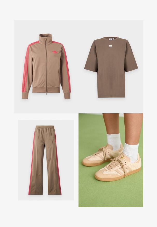 Svetlohnedá športová bunda na zips s vysokým golierom, ružové pruhy na rukávoch a ružové logo Adidas na ľavej strane hrude.; Hnedé bavlnené tričko s krátkymi rukávmi, okrúhlym výstrihom a bielym logom Adidas umiestneným na hrudi, s jednoduchým dizajnom a voľným strihom.; Hnedé široké tréningové nohavice s elastickým pásom a jasne ružovými bočnými pásmi, s vreckami na zips po stranách a malým logom na ľavej strane.; Nohy v béžových tkaných teniskách Adidas s gumovými podrážkami a bielymi členkovými ponožkami na zeleno textúrovanom podlahe.